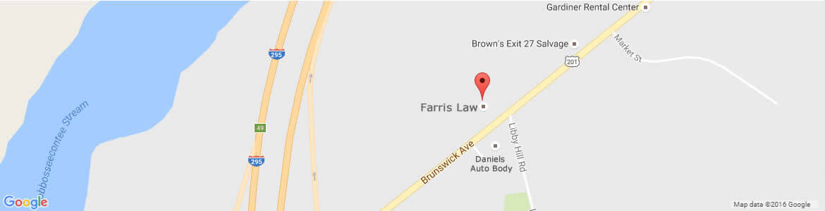 Map showing the location of Farris Law, 6 Central Crossing, Gardiner, Maine.